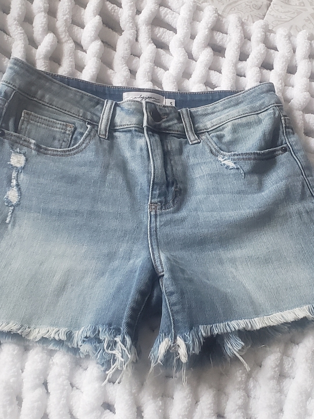 Carly Jean Los Angeles Revy Light Blue Distressed Frayed Hem Denim Shorts